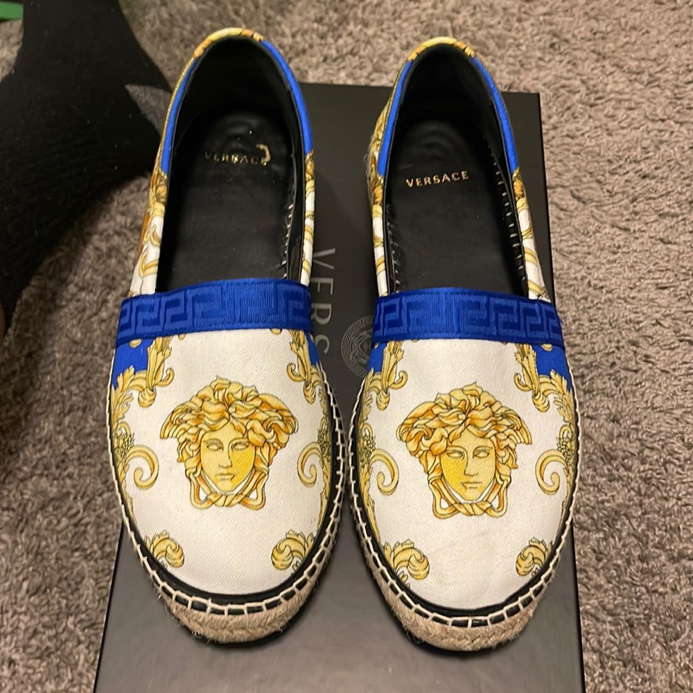 Versace espadrilles size 7.5 white and blue and gold